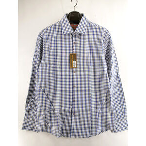 NEW James Tattersall Shirt Mens L 16-16.5 Blue White Tattersall Check Button Up